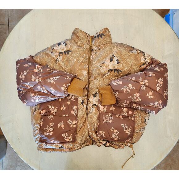 American Eagle Reversible Puffer Jacket Brown Teddy Sherpa Floral - Picture 2 of 12